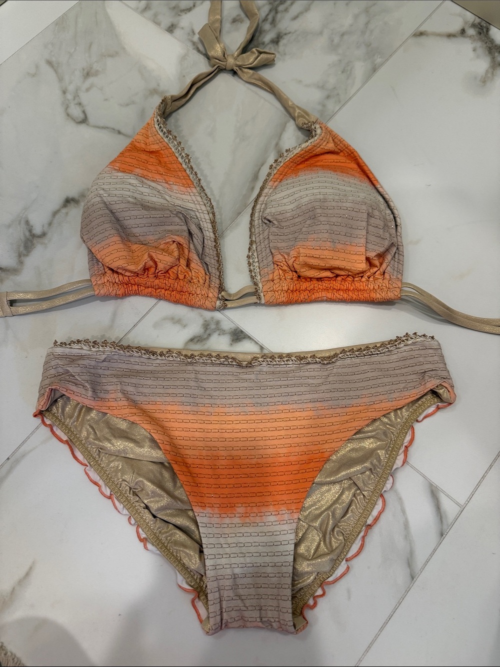 Luli Fama Orange and Beige Gradient Halter Bikini set